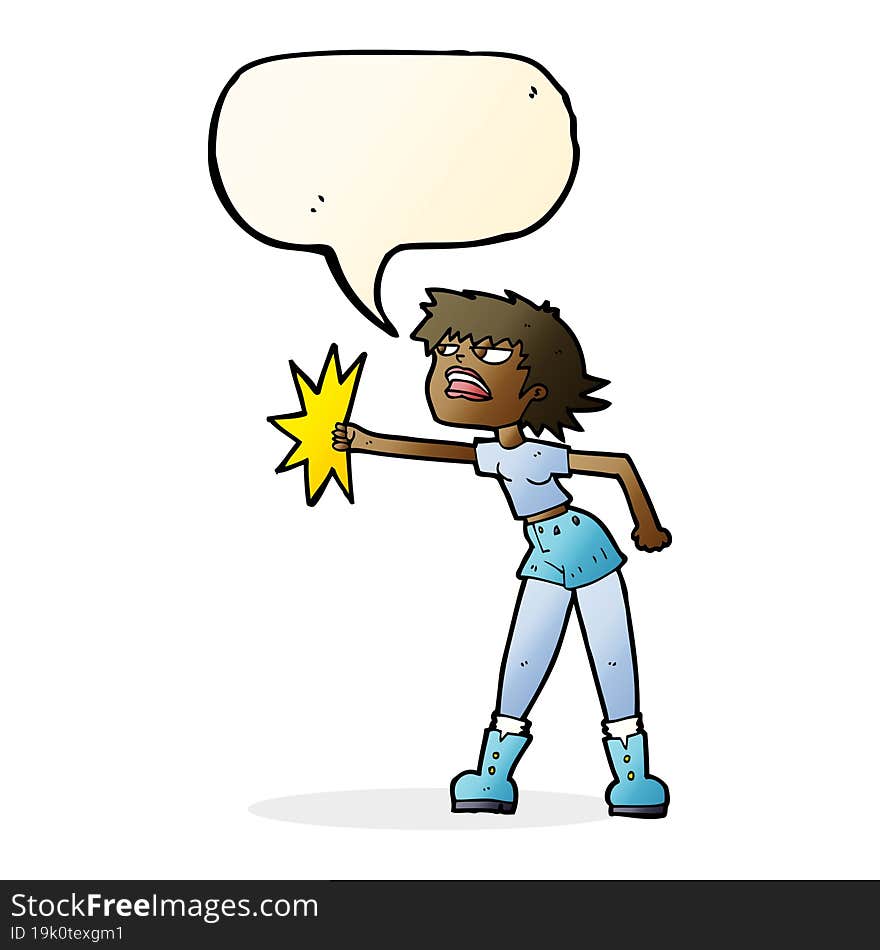 cartoon woman punching with speech bubble