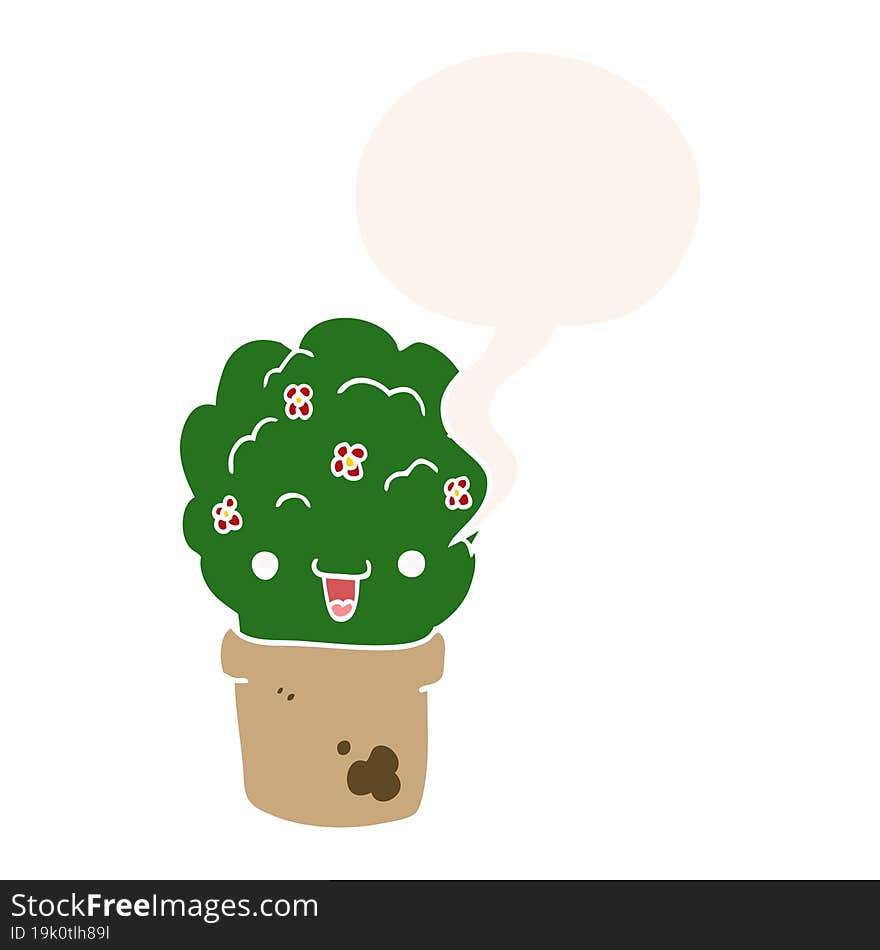 cartoon shrub in pot and speech bubble in retro style