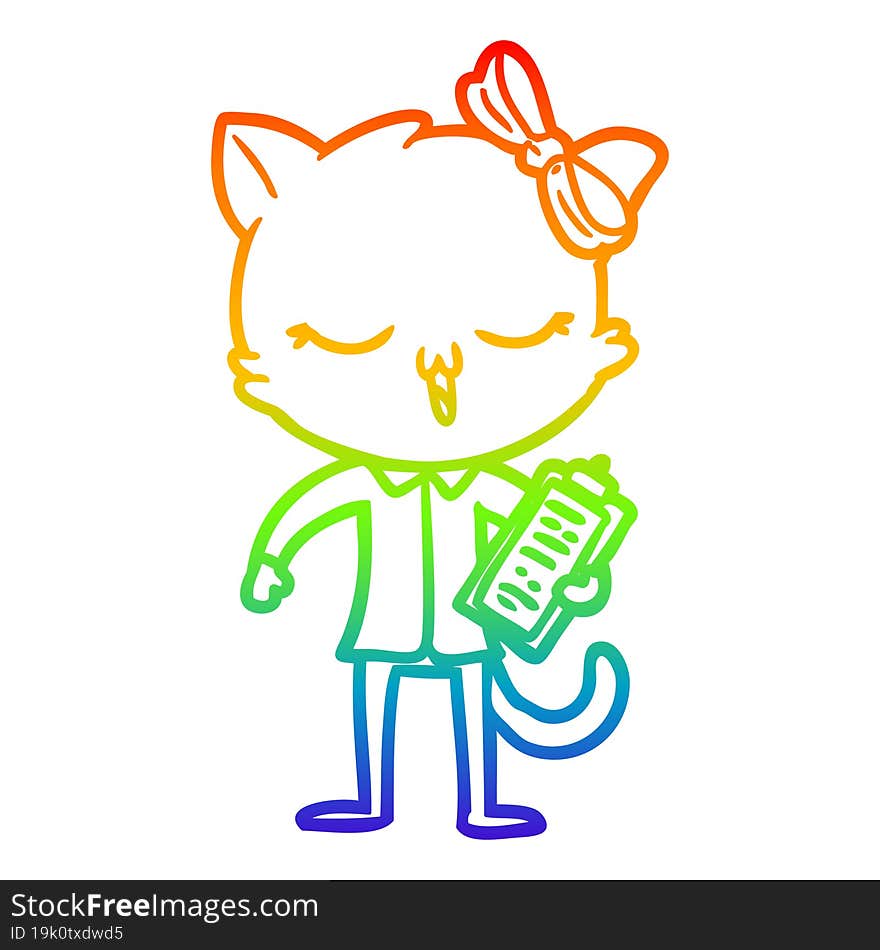 rainbow gradient line drawing of a cartoon cat with bow on head