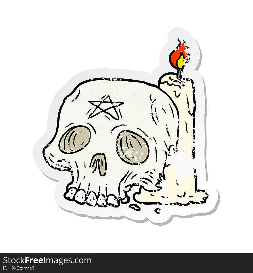 distressed sticker of a cartoon spooky skull and candle