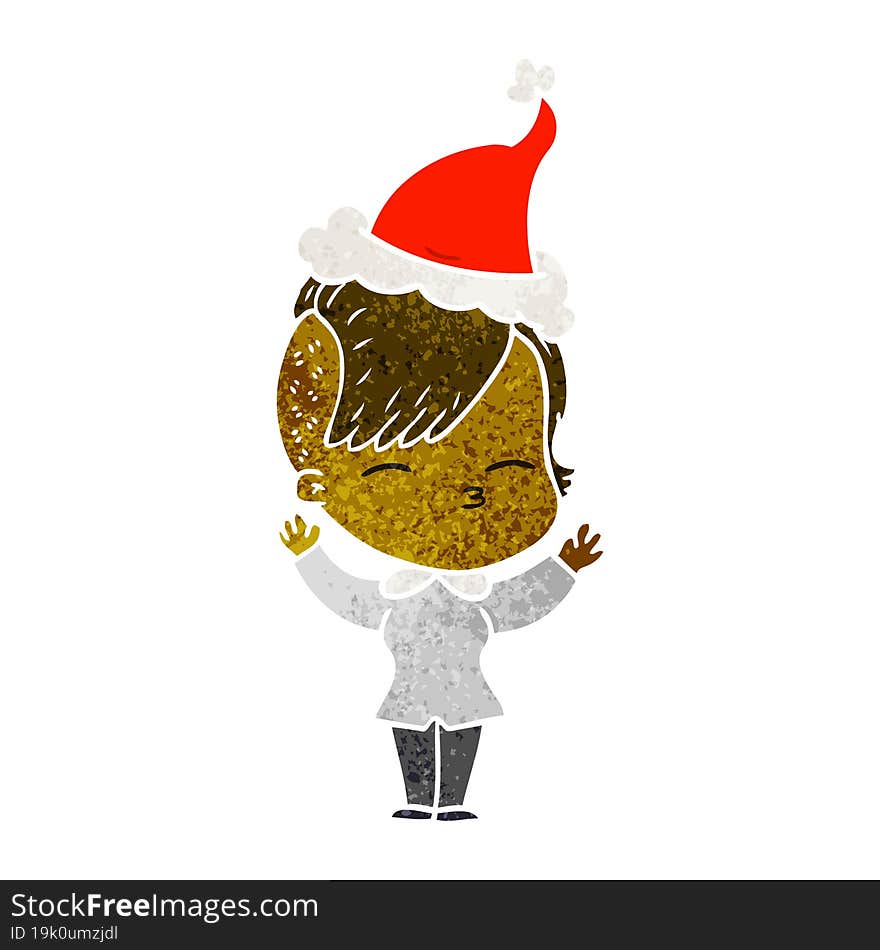 retro cartoon of a squinting girl wearing santa hat