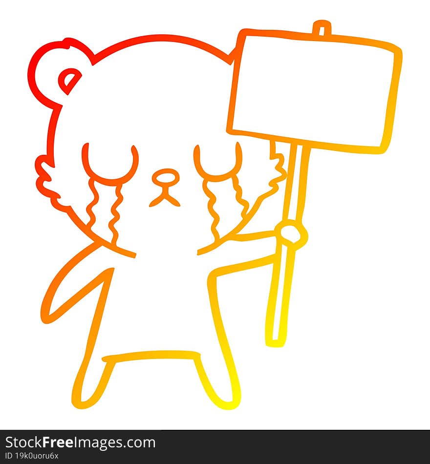 warm gradient line drawing of a crying cartoon bear with sign