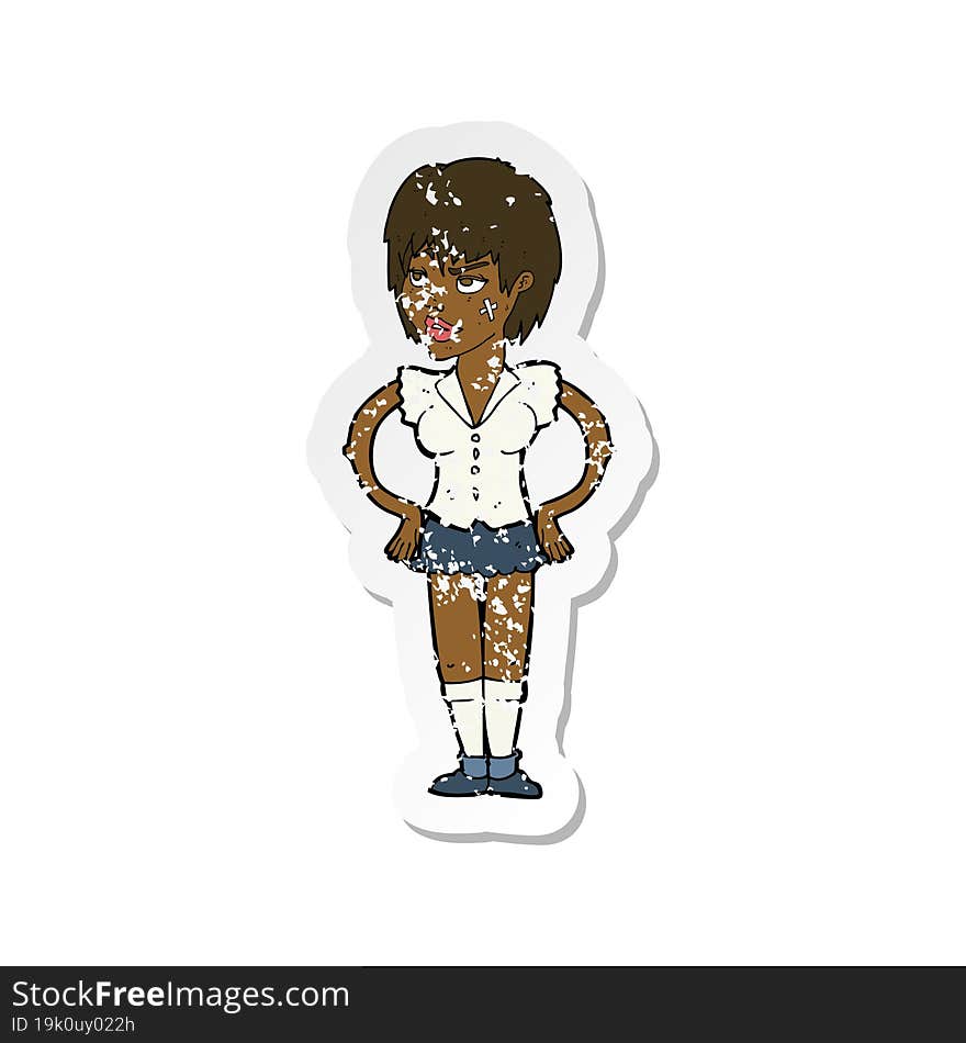 retro distressed sticker of a cartoon tough woman with hands on hips