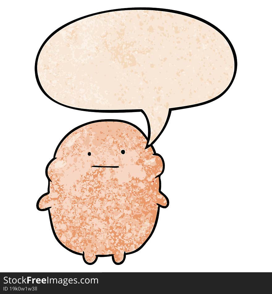 cute fat cartoon human with speech bubble in retro texture style