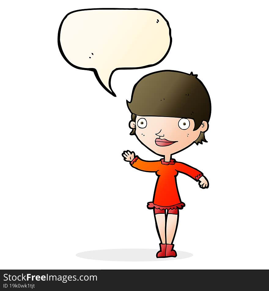 cartoon waving woman with speech bubble