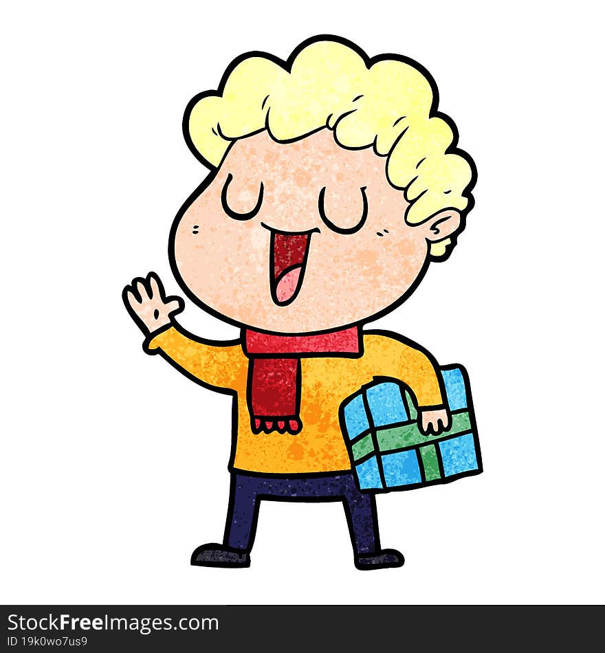 laughing cartoon man with present. laughing cartoon man with present