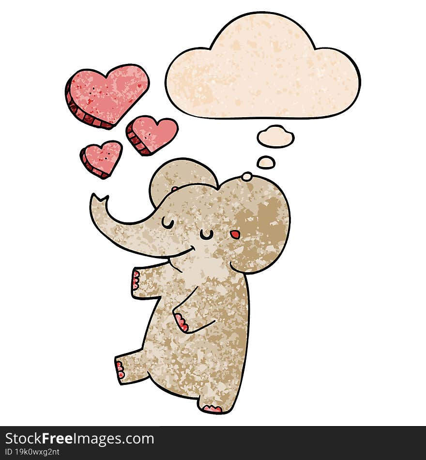 cartoon elephant with love hearts and thought bubble in grunge texture pattern style