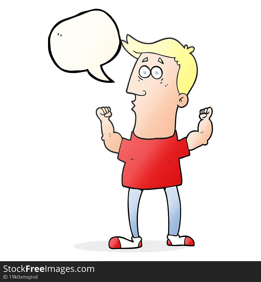 freehand drawn speech bubble cartoon surprised man flexing biceps