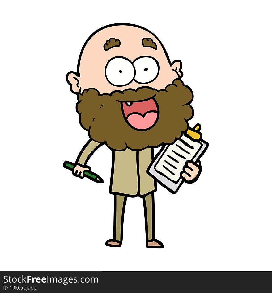 cartoon crazy happy man with beard and clip board for notes. cartoon crazy happy man with beard and clip board for notes