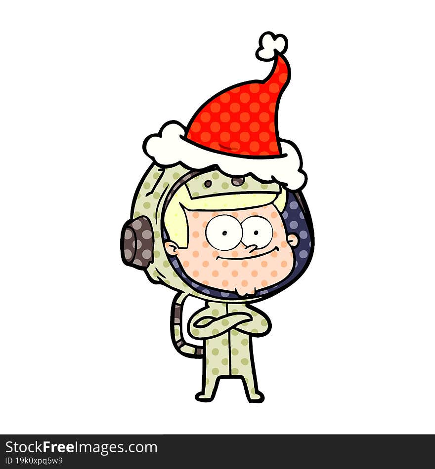 happy astronaut comic book style illustration of a wearing santa hat