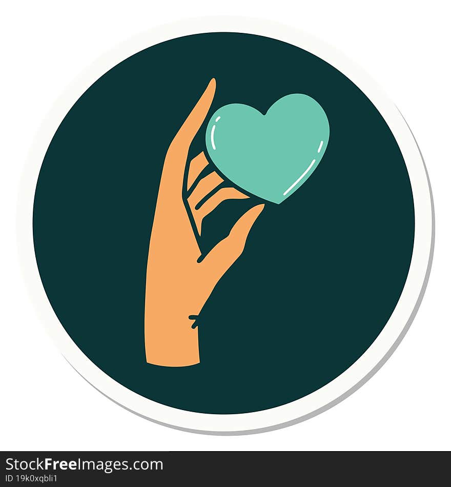 sticker of tattoo in traditional style of a hand holding a heart. sticker of tattoo in traditional style of a hand holding a heart