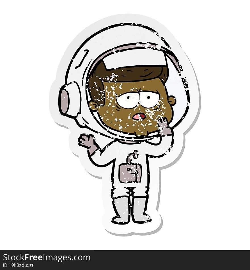 distressed sticker of a cartoon tired astronaut