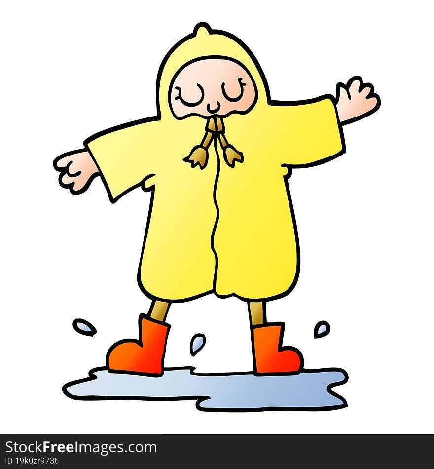 Vector Gradient Illustration Cartoon Person Splashing In Puddle Wearing Rain Coat