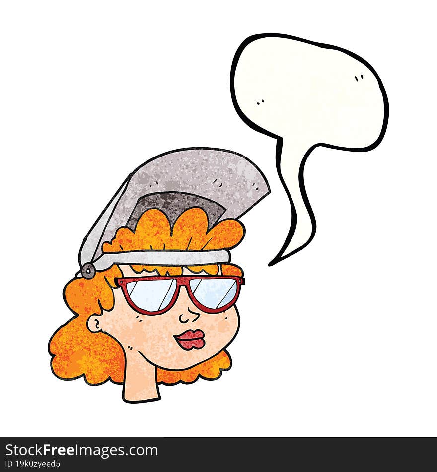 Freehand speech bubble textured cartoon woman with welding mask and glasses