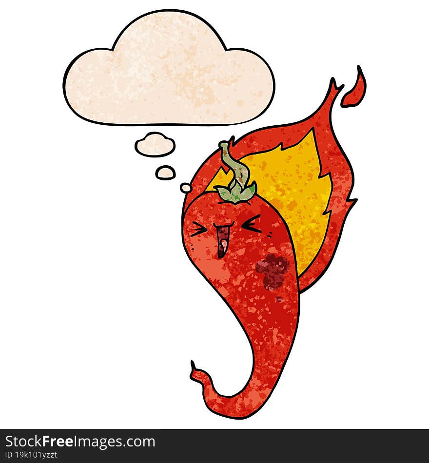 cartoon flaming hot chili pepper and thought bubble in grunge texture pattern style