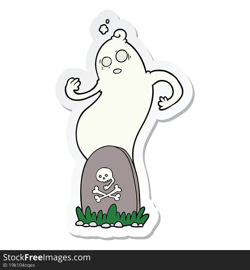 sticker of a spooky cartoon grave with rising ghost