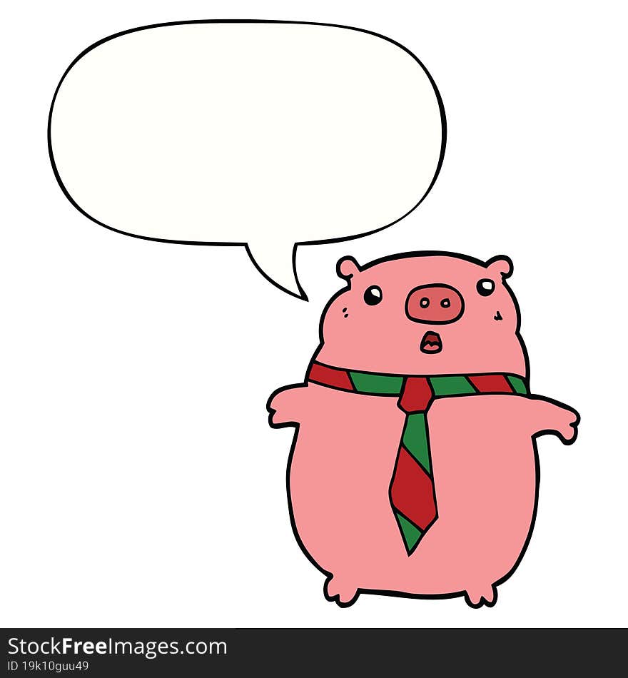 cartoon pig wearing office tie and speech bubble