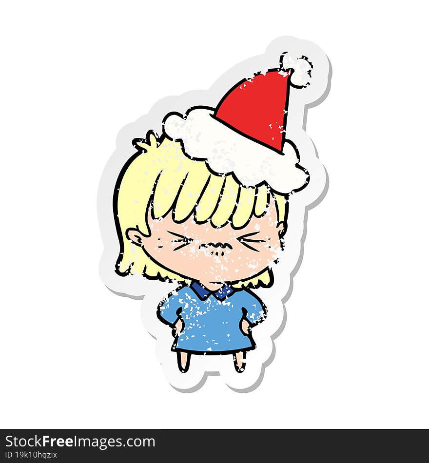 annoyed distressed sticker cartoon of a girl wearing santa hat