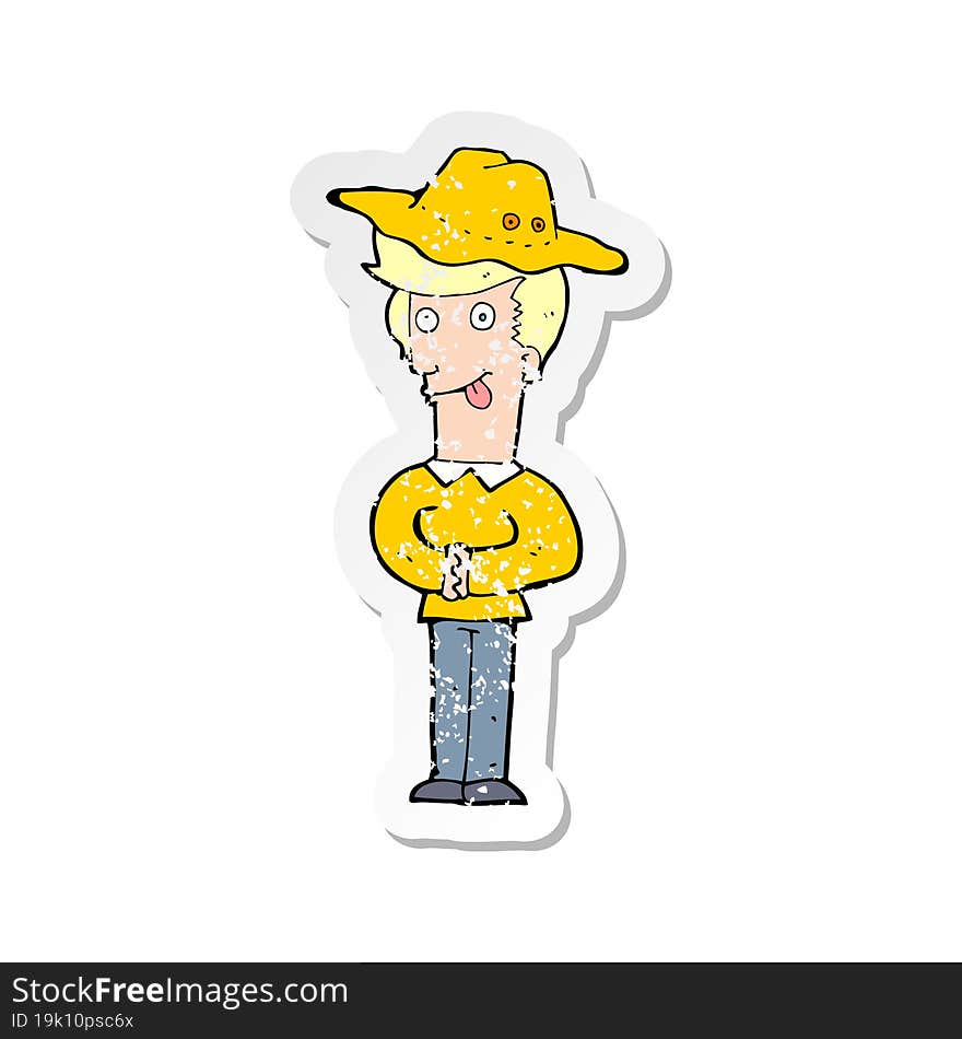 retro distressed sticker of a cartoon man in hat