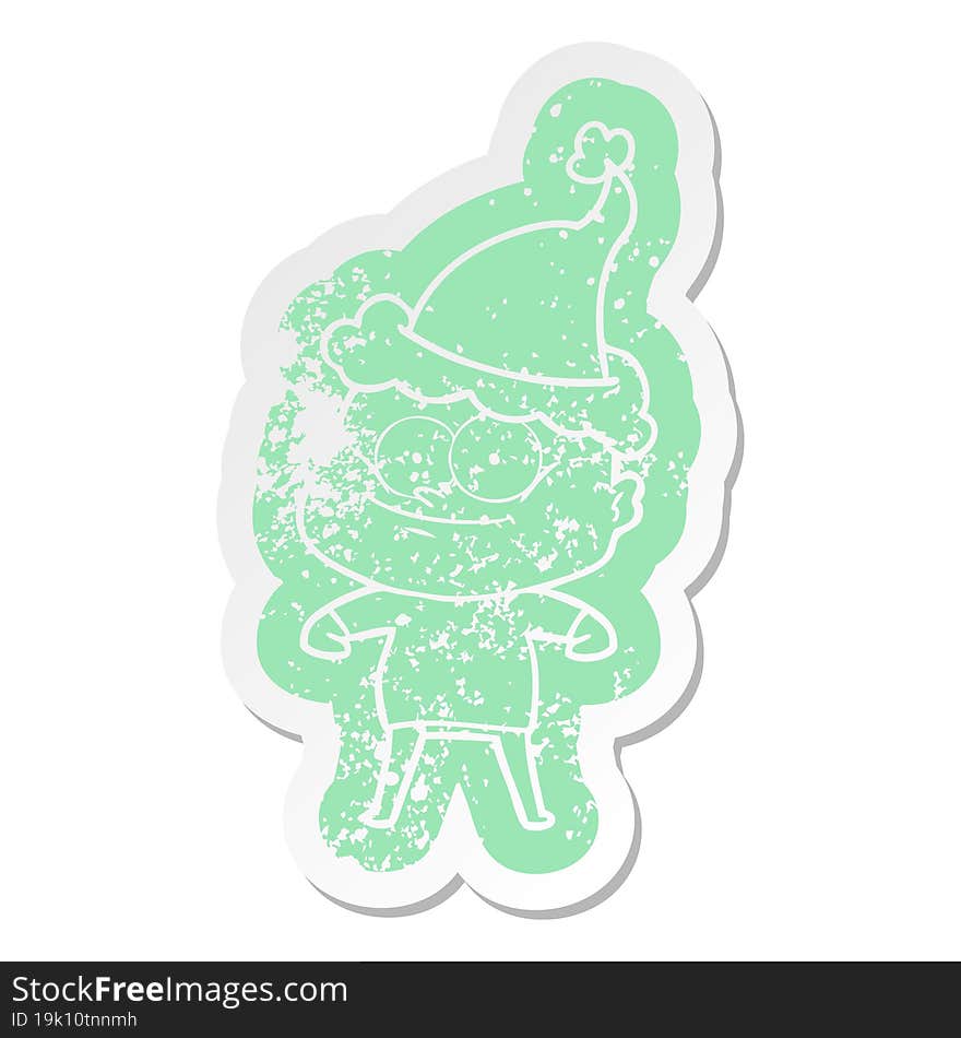 Cartoon Distressed Sticker Of A Bald Man Staring Wearing Santa Hat