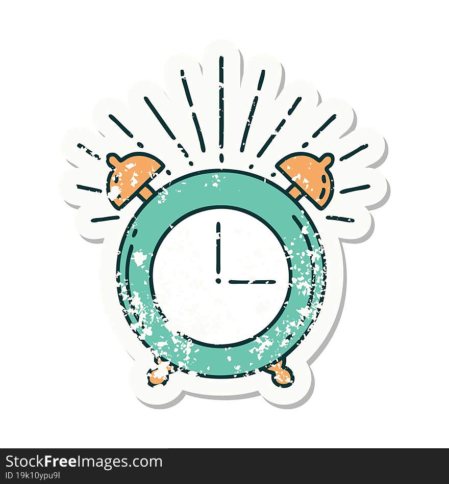 Grunge Sticker Of Tattoo Style Ringing Alarm Clock