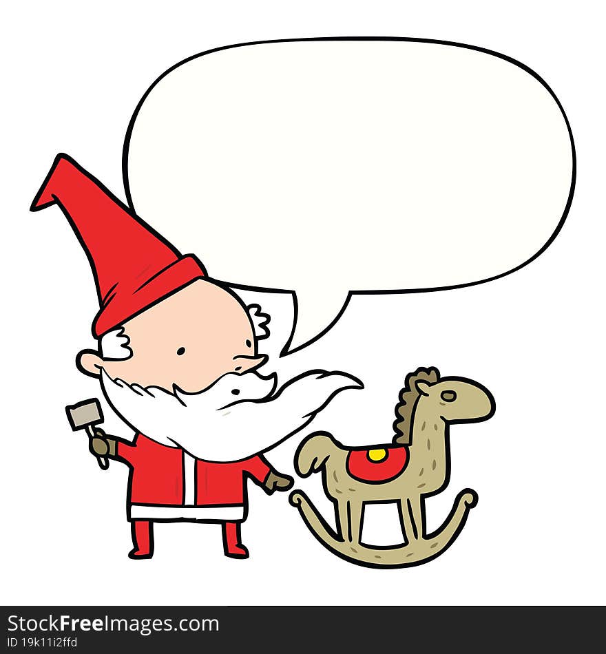 cartoon santa (or elf) making a rocking horse and speech bubble