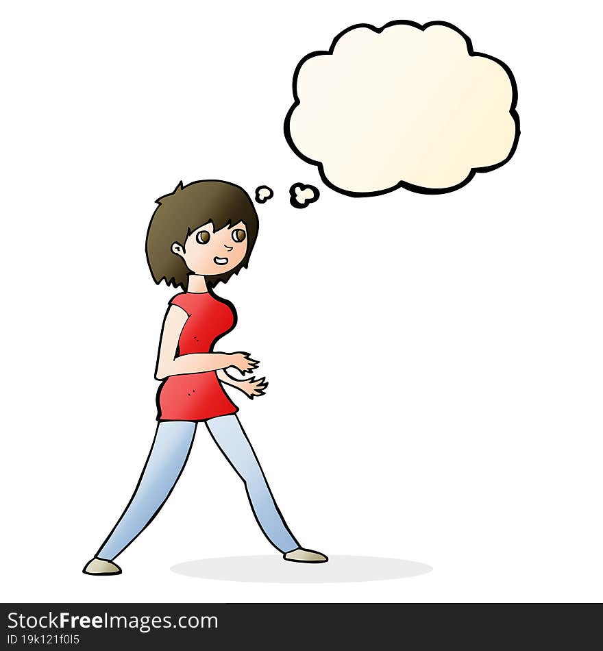 cartoon woman walking with thought bubble