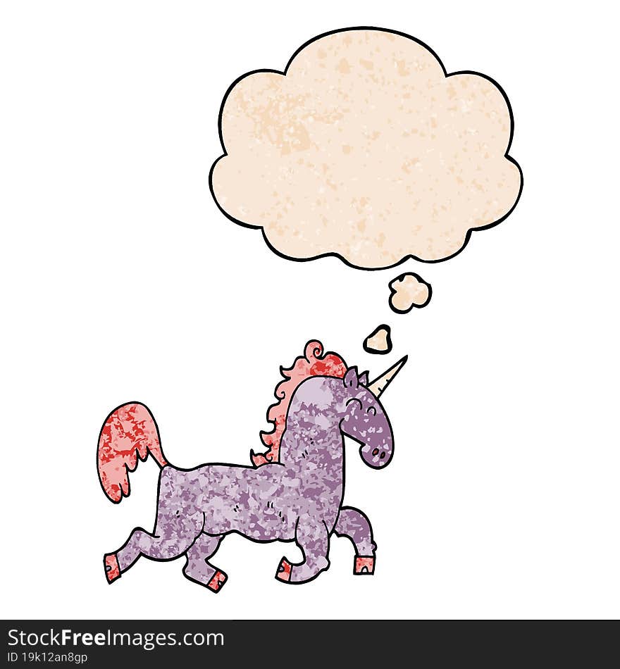 cartoon unicorn and thought bubble in grunge texture pattern style