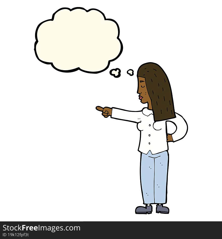 cartoon woman pointing with thought bubble