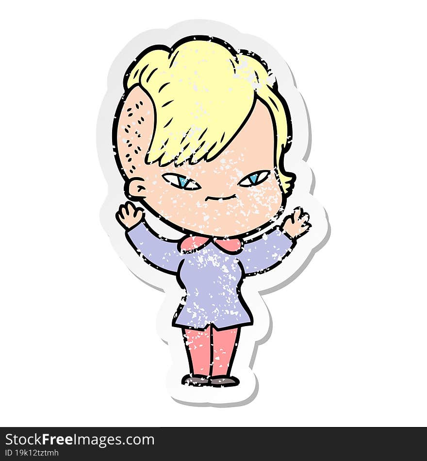 Distressed Sticker Of A Cute Cartoon Girl With Hipster Haircut