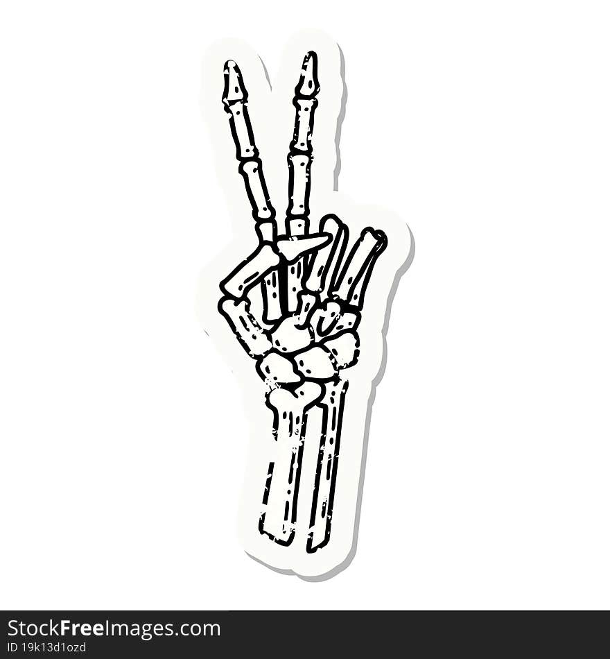 distressed sticker tattoo in traditional style of a skeleton giving a peace sign. distressed sticker tattoo in traditional style of a skeleton giving a peace sign