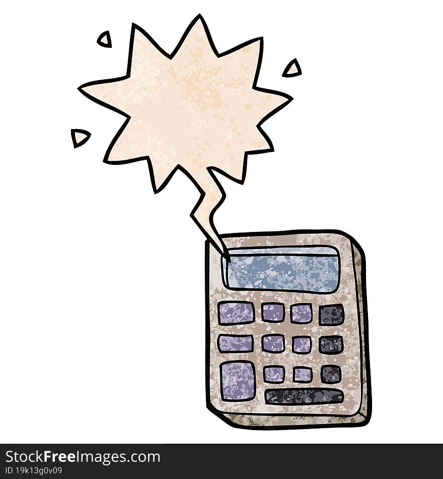 cartoon calculator with speech bubble in retro texture style