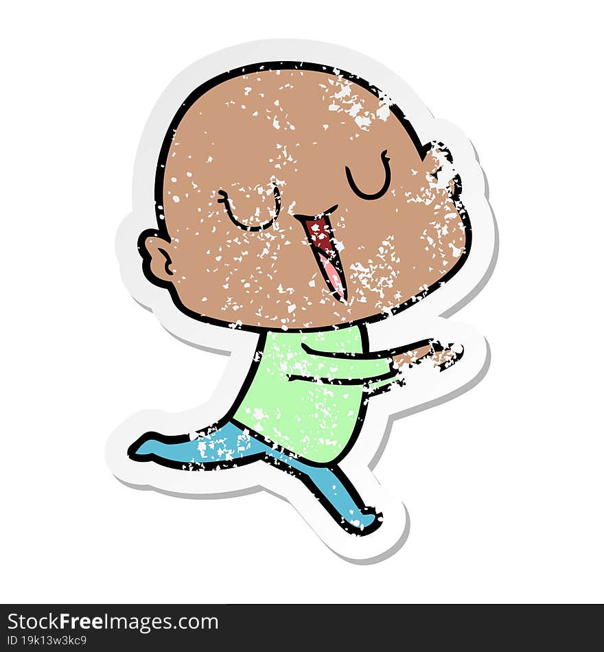 distressed sticker of a happy cartoon bald man