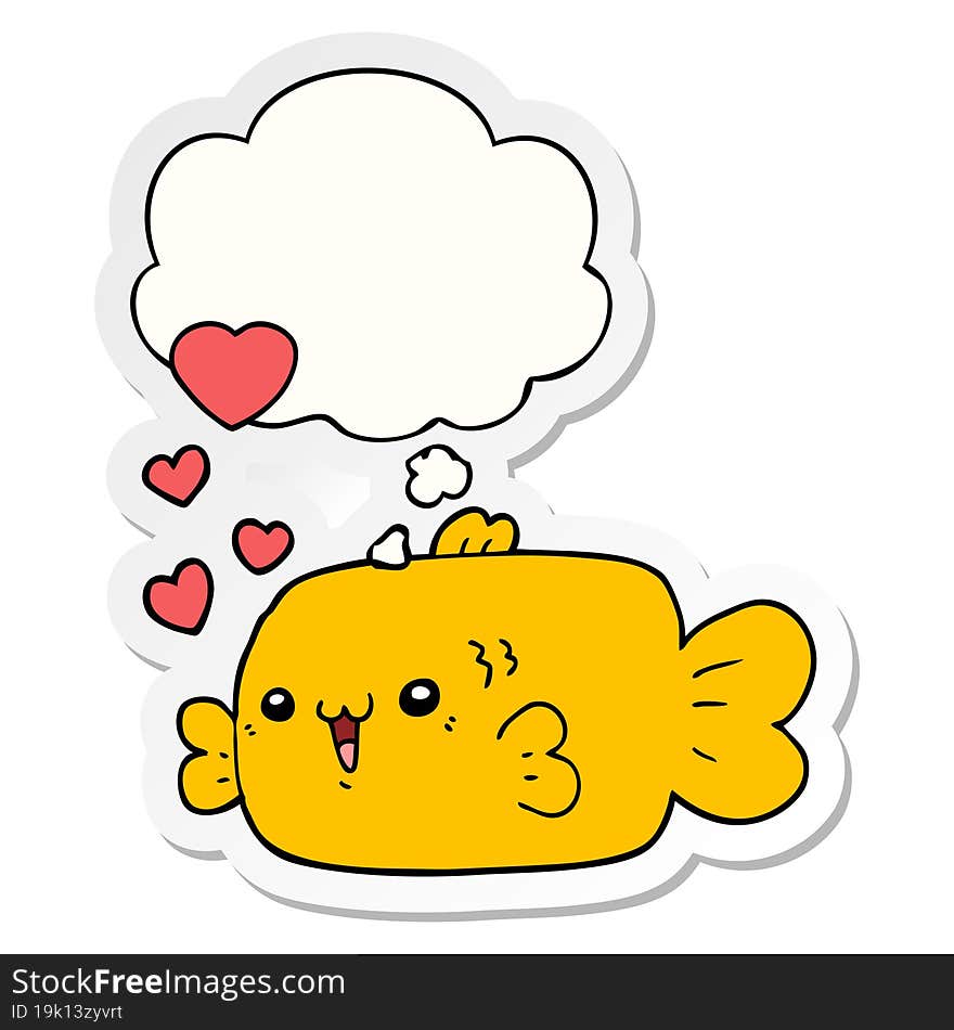 cute cartoon fish with love hearts and thought bubble as a printed sticker