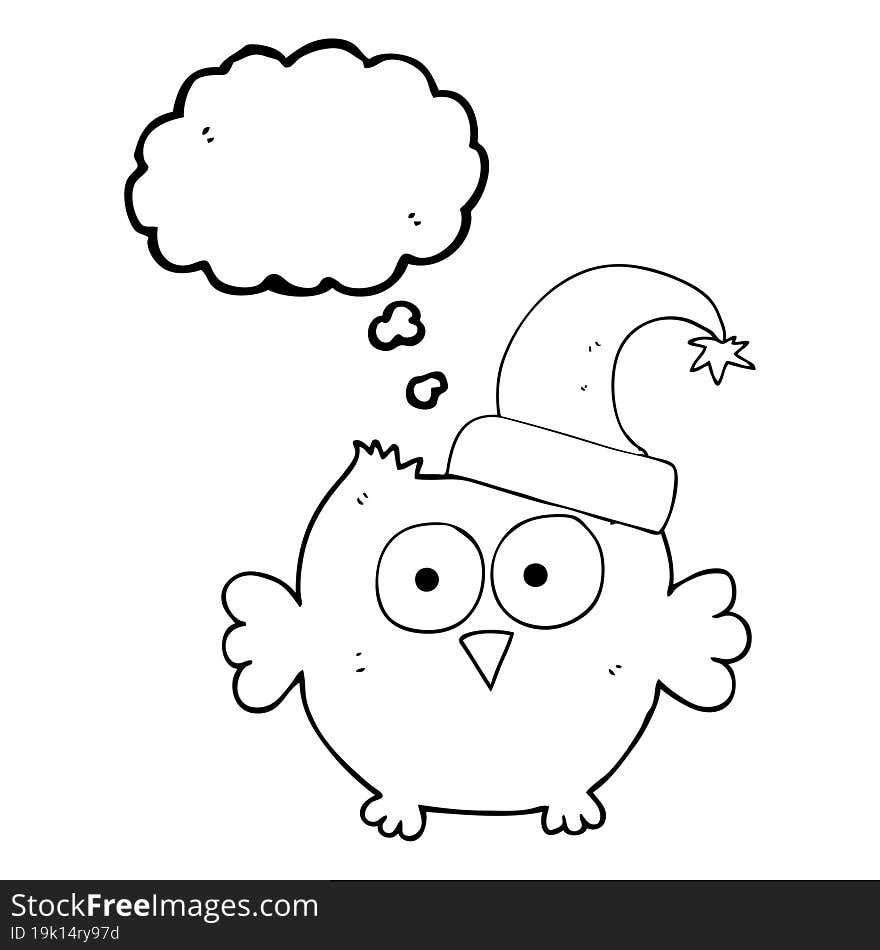 freehand drawn thought bubble cartoon little owl wearing christmas hat