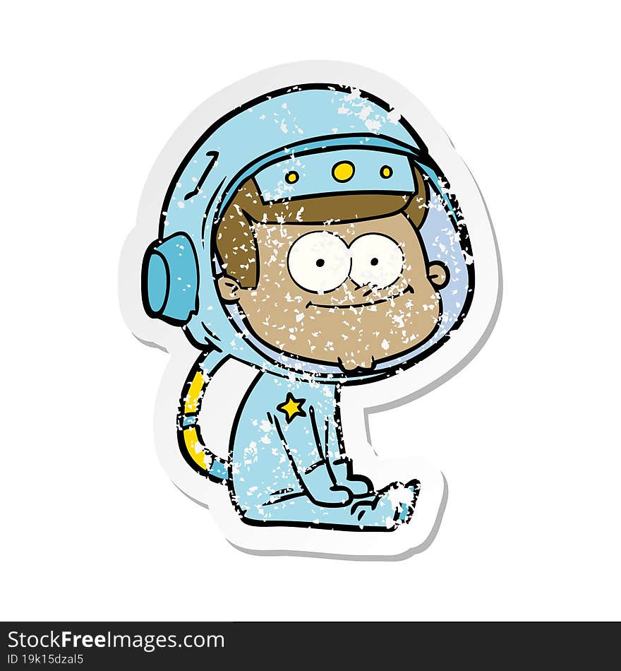 distressed sticker of a happy astronaut cartoon