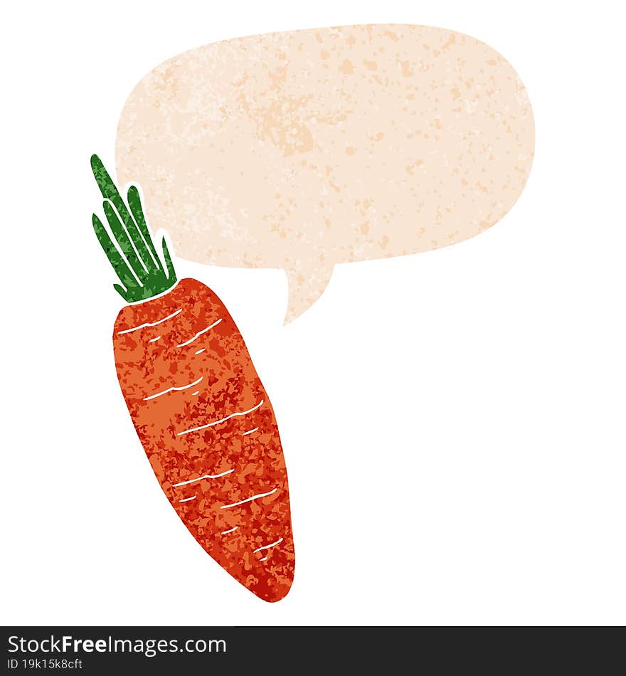 cartoon carrot with speech bubble in grunge distressed retro textured style. cartoon carrot with speech bubble in grunge distressed retro textured style