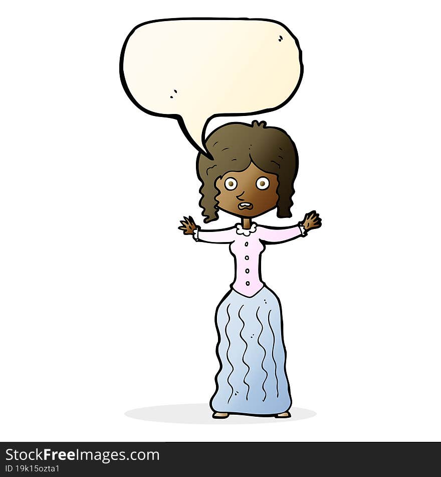 cartoon worried victorian woman with speech bubble