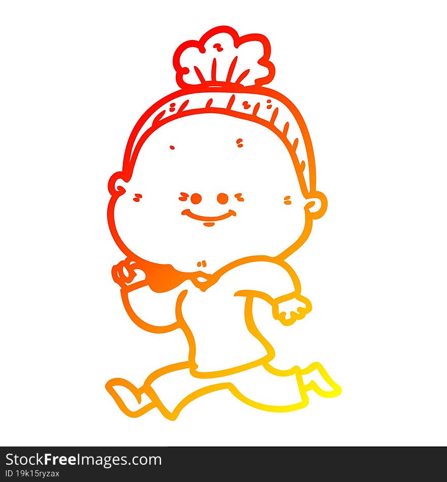 warm gradient line drawing of a cartoon happy old woman