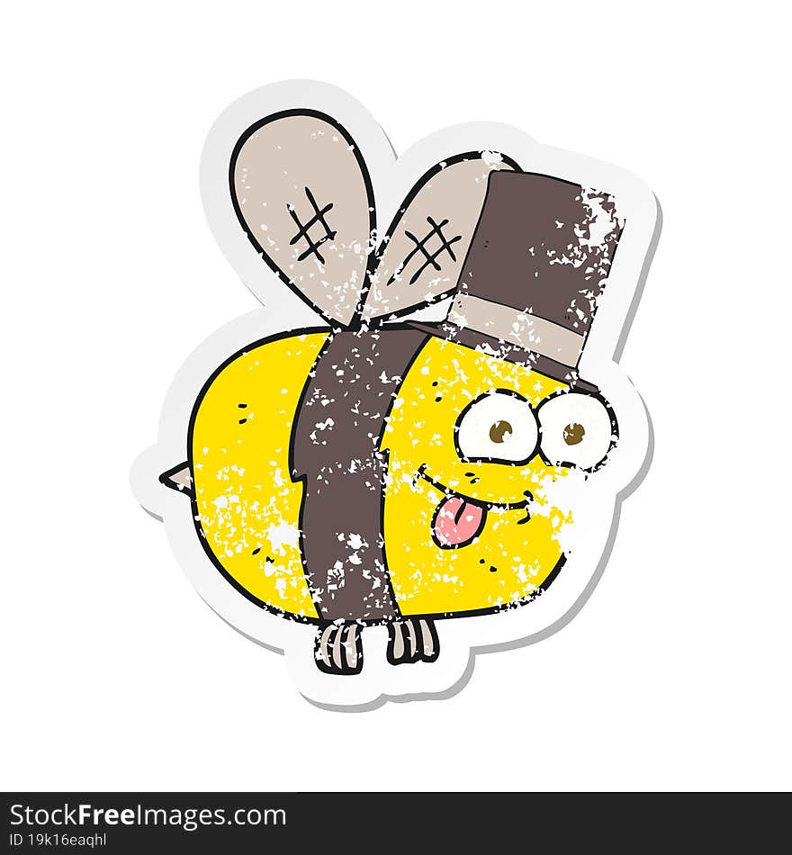 retro distressed sticker of a cartoon bee wearing hat