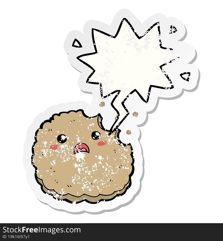 cartoon biscuit and speech bubble distressed sticker