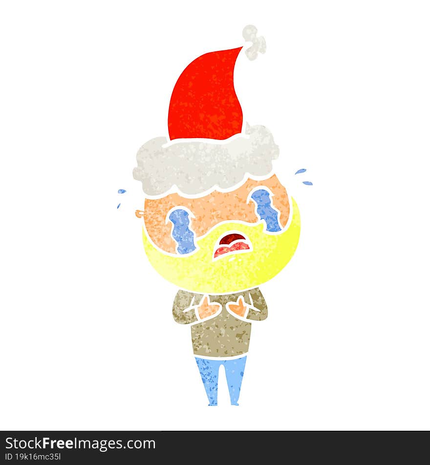 retro cartoon of a bearded man crying wearing santa hat