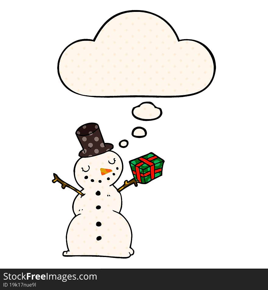 cartoon snowman and thought bubble in comic book style