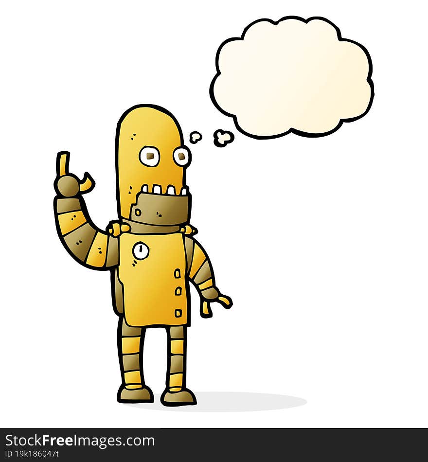 cartoon waving gold robot with thought bubble