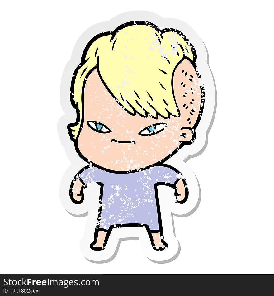 Distressed Sticker Of A Cute Cartoon Girl With Hipster Haircut