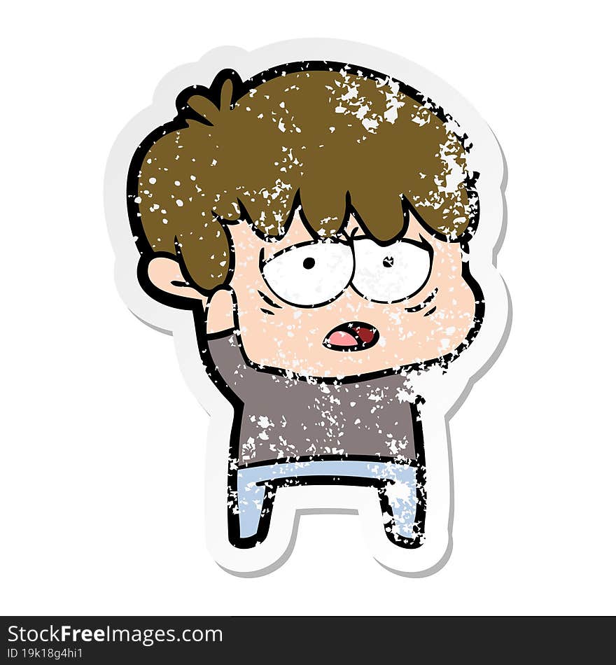 distressed sticker of a cartoon exhausted boy