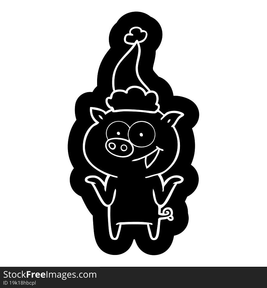 cartoon icon of a pig with no worries wearing santa hat