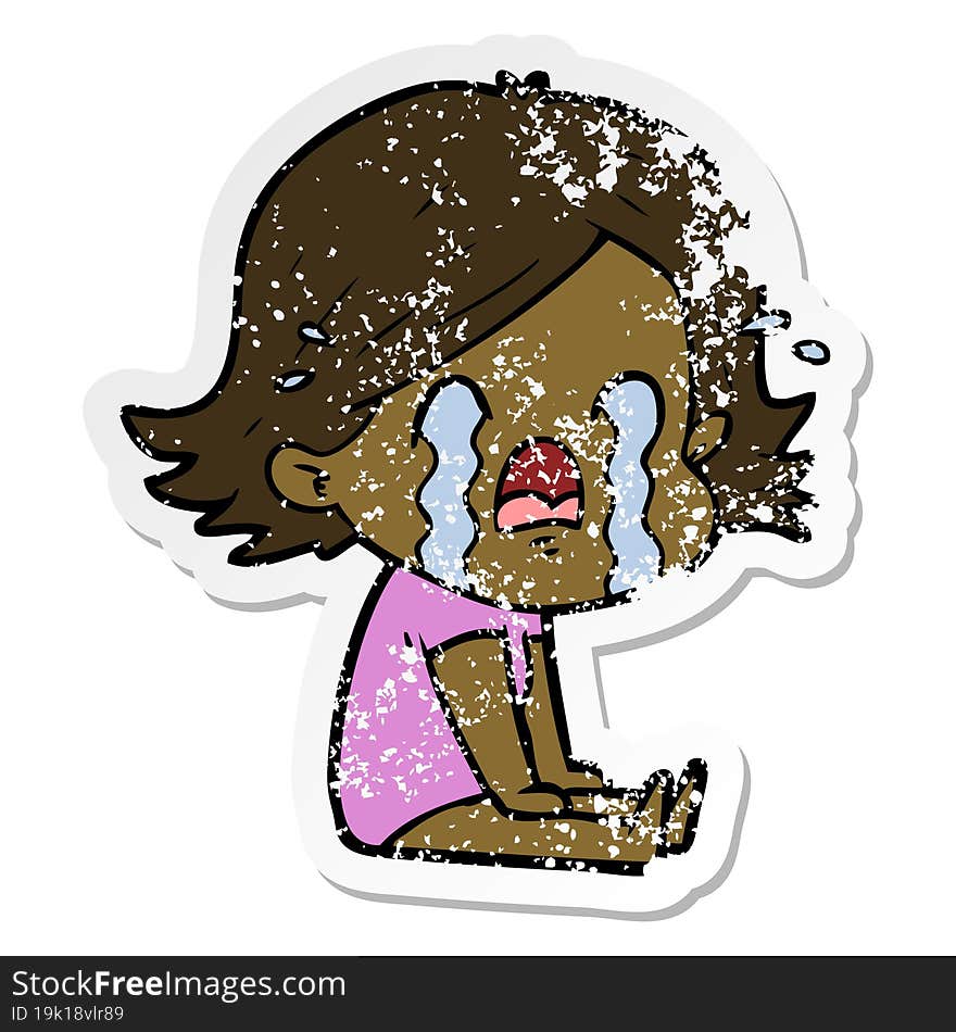 distressed sticker of a cartoon woman crying