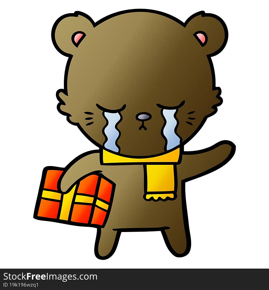 crying cartoon bear with present. crying cartoon bear with present