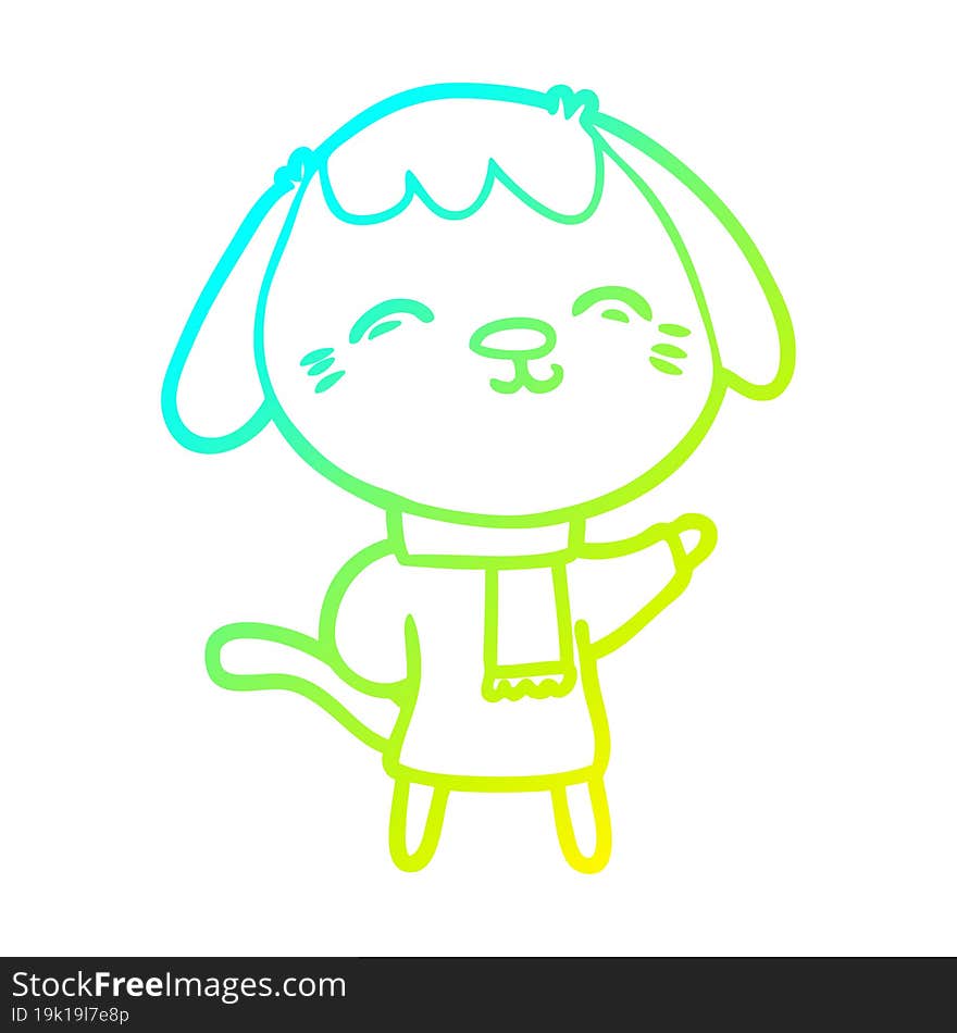 cold gradient line drawing happy cartoon dog in winter clothes